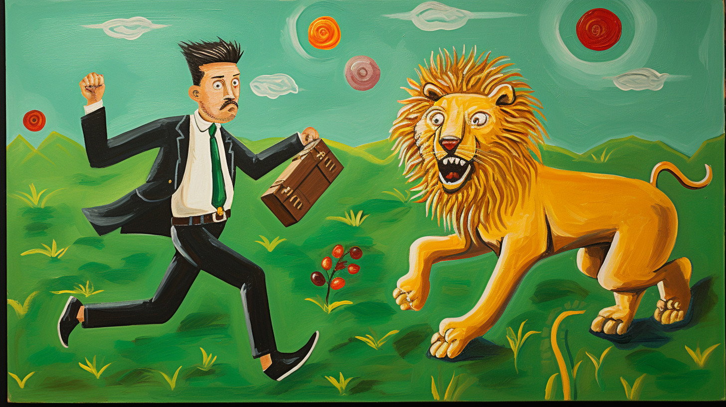 Businessman Chasing Leprechaun with Lion