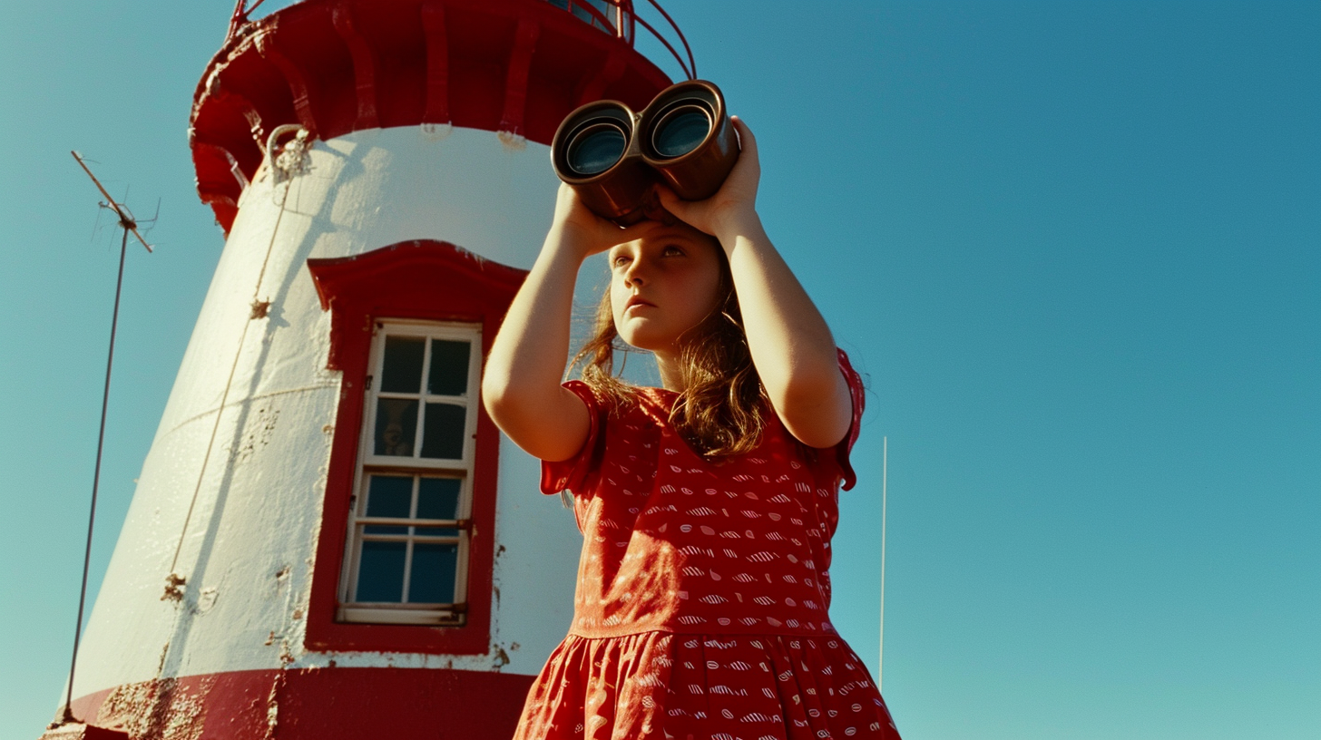 4. Girl looking through binoculars on top of lighthouse