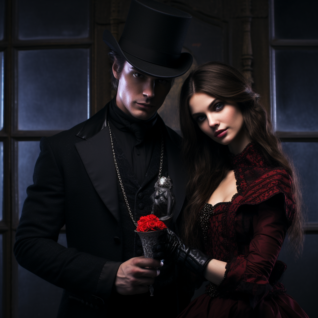 4. Image of a handsome magician and his beautiful assistant in a gothic fantasy setting.