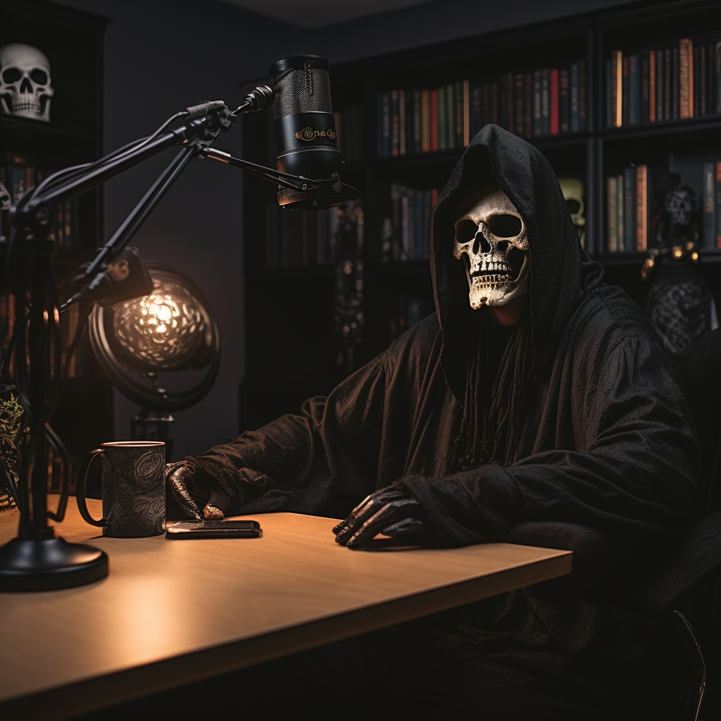 4. Grim Reaper hosting podcast in blue-lit book-filled room