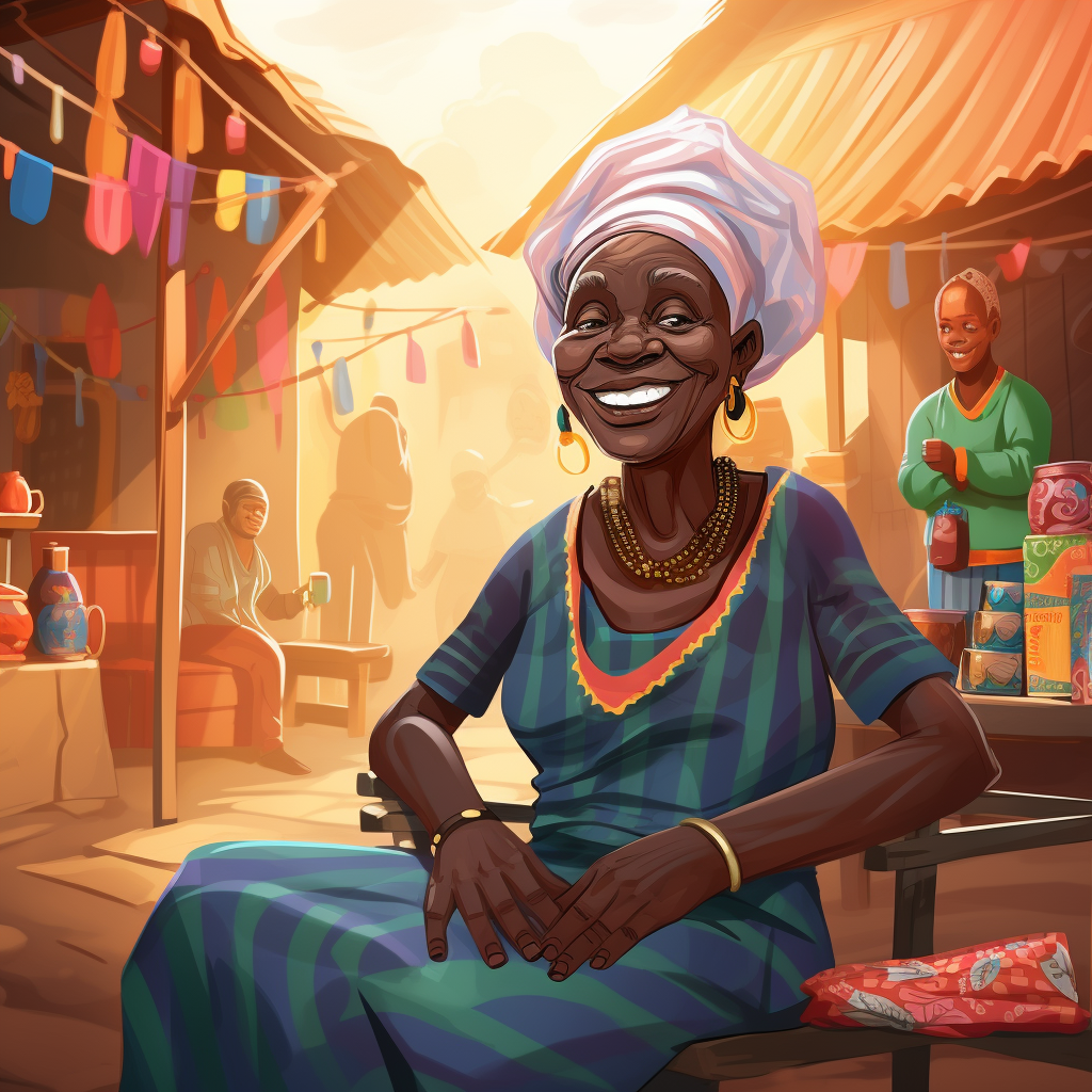 4. Cartoon style image of a Guinean grandmother seated at a party