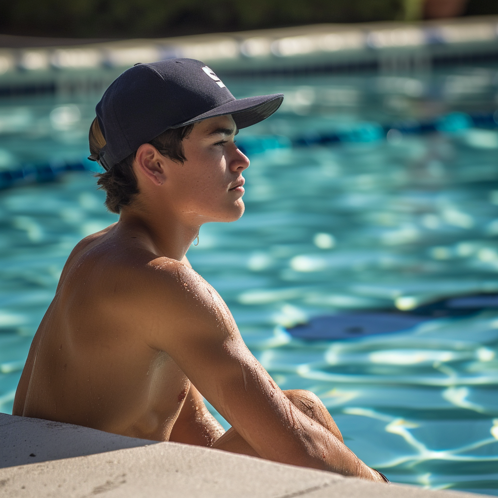 High school baseball player relaxing after swimming workout