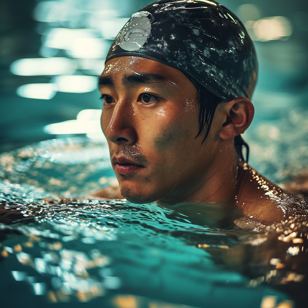 4. Japanese baseball player doing swimming training in pool core strengthening