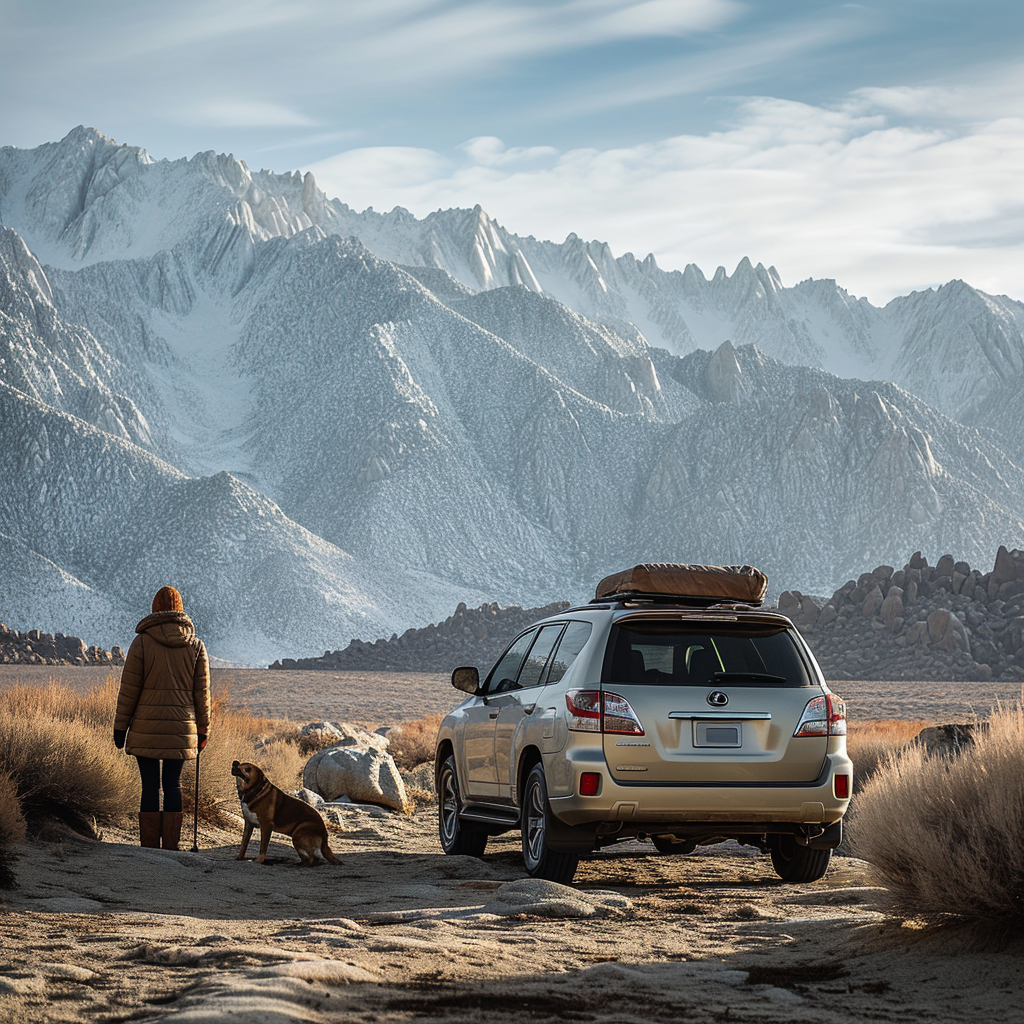 4. Warmly dressed woman and her dog stand next to a parked Lexus GX in Alabama Hills, California.