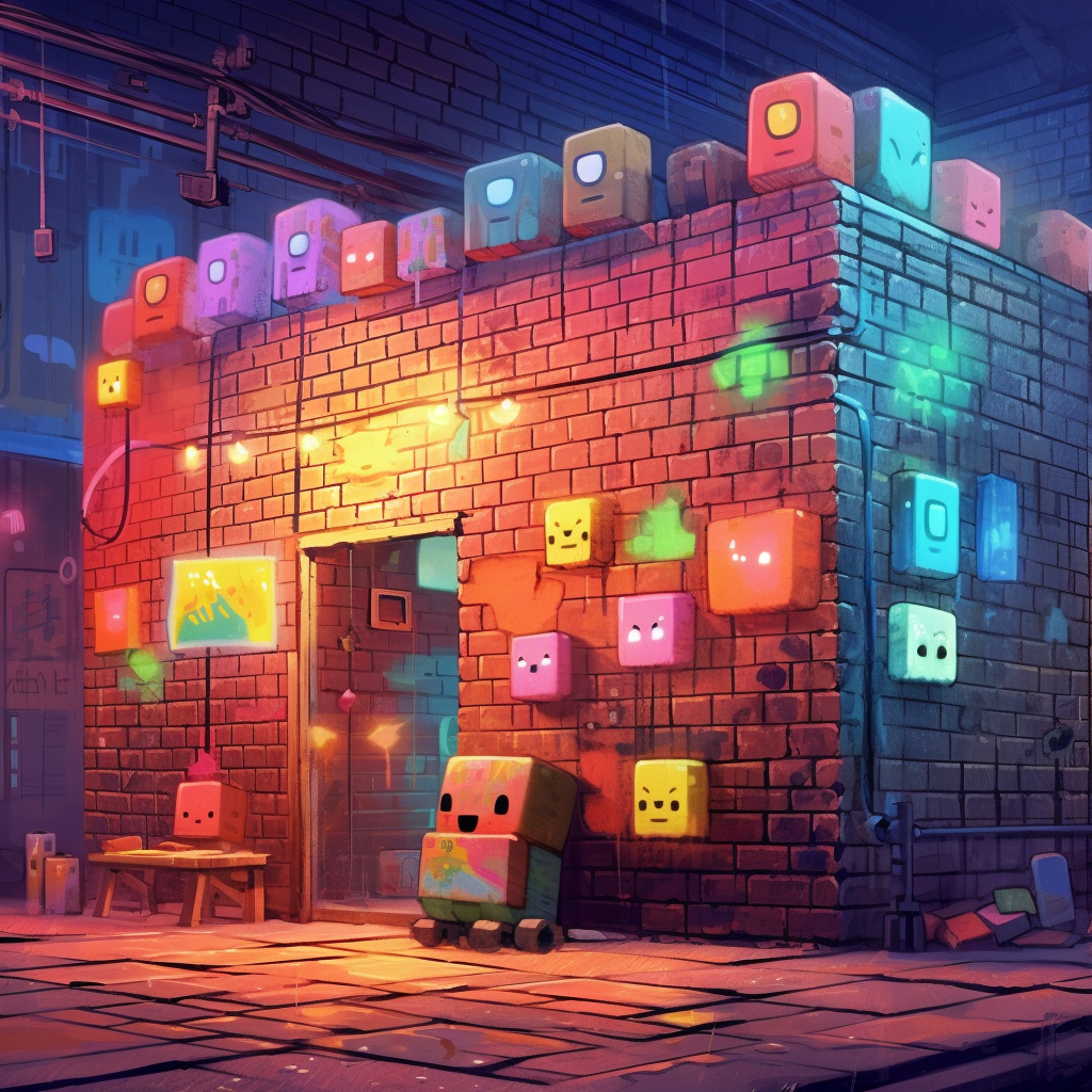 4. Image of a cute modern art bricks wall in a cyberpunk city at night