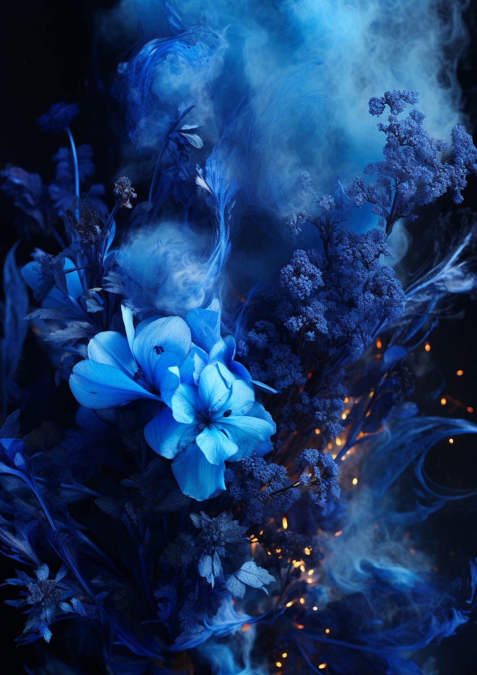 Beautiful blue luminescent frame with flowers and steam