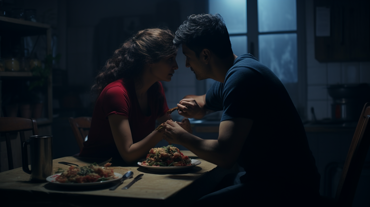 4. Couple enjoying pasta on floor