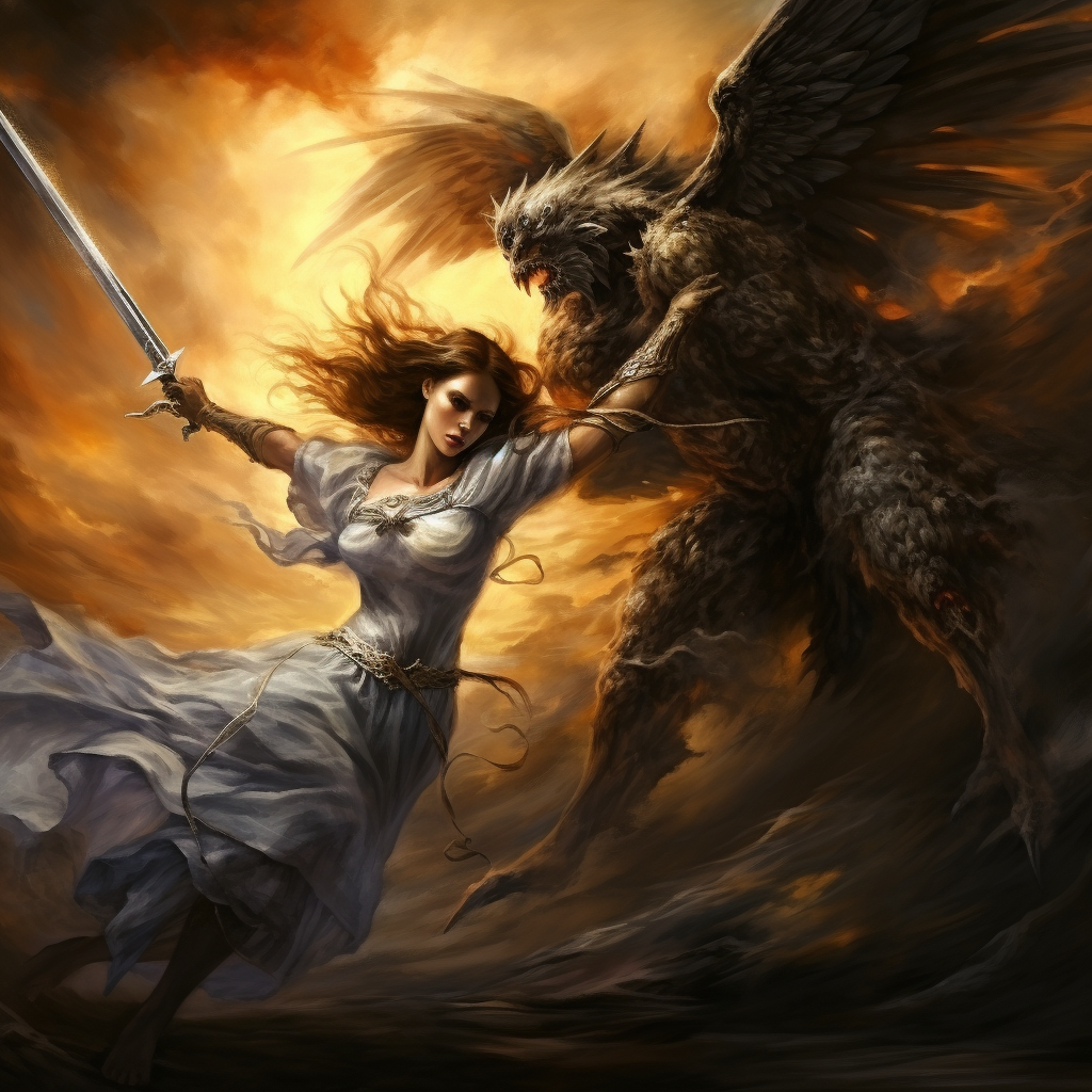 Angel fighting demon in biblical scene