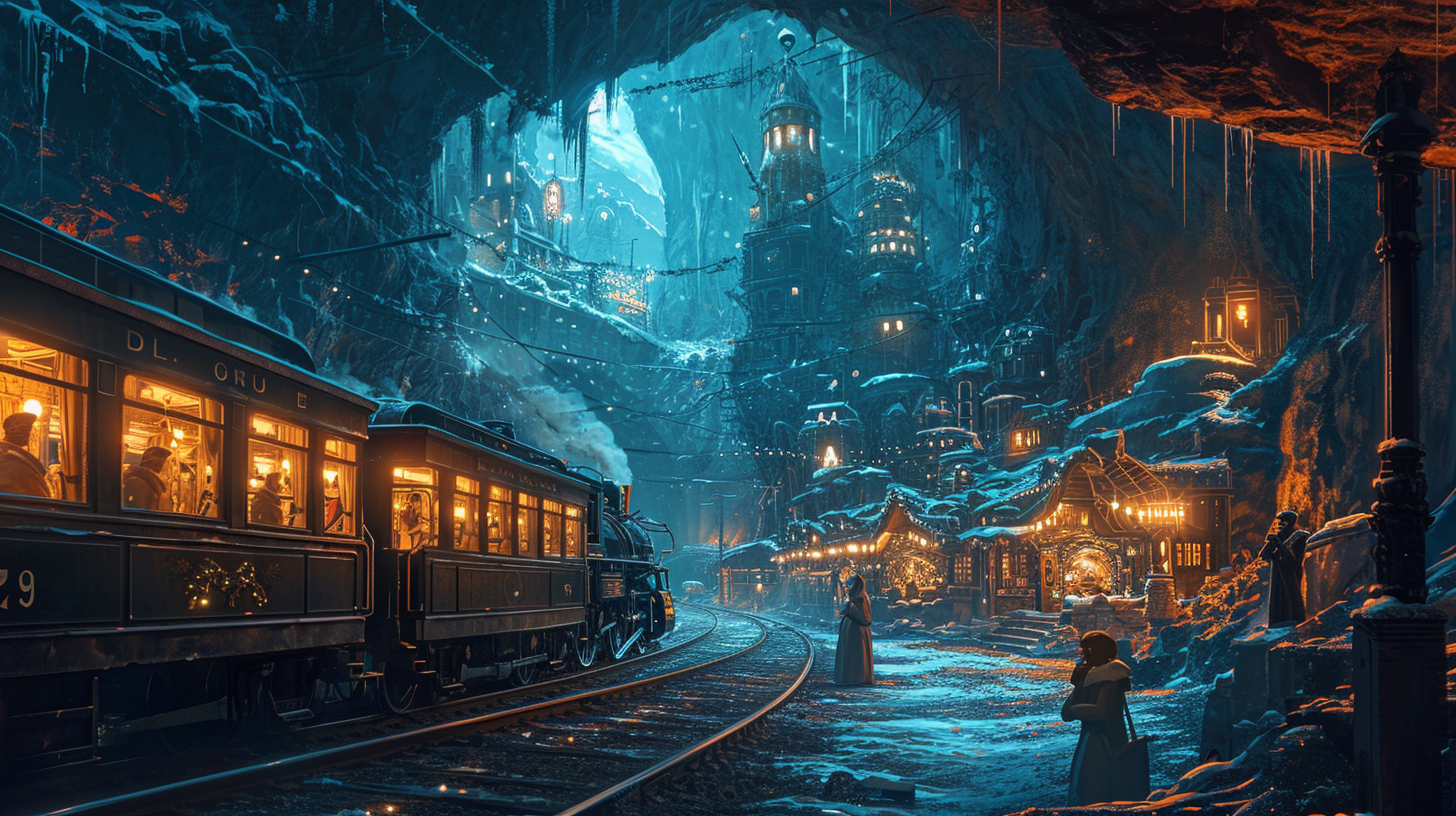 4. Image of a Christmas train in a glowing cavern