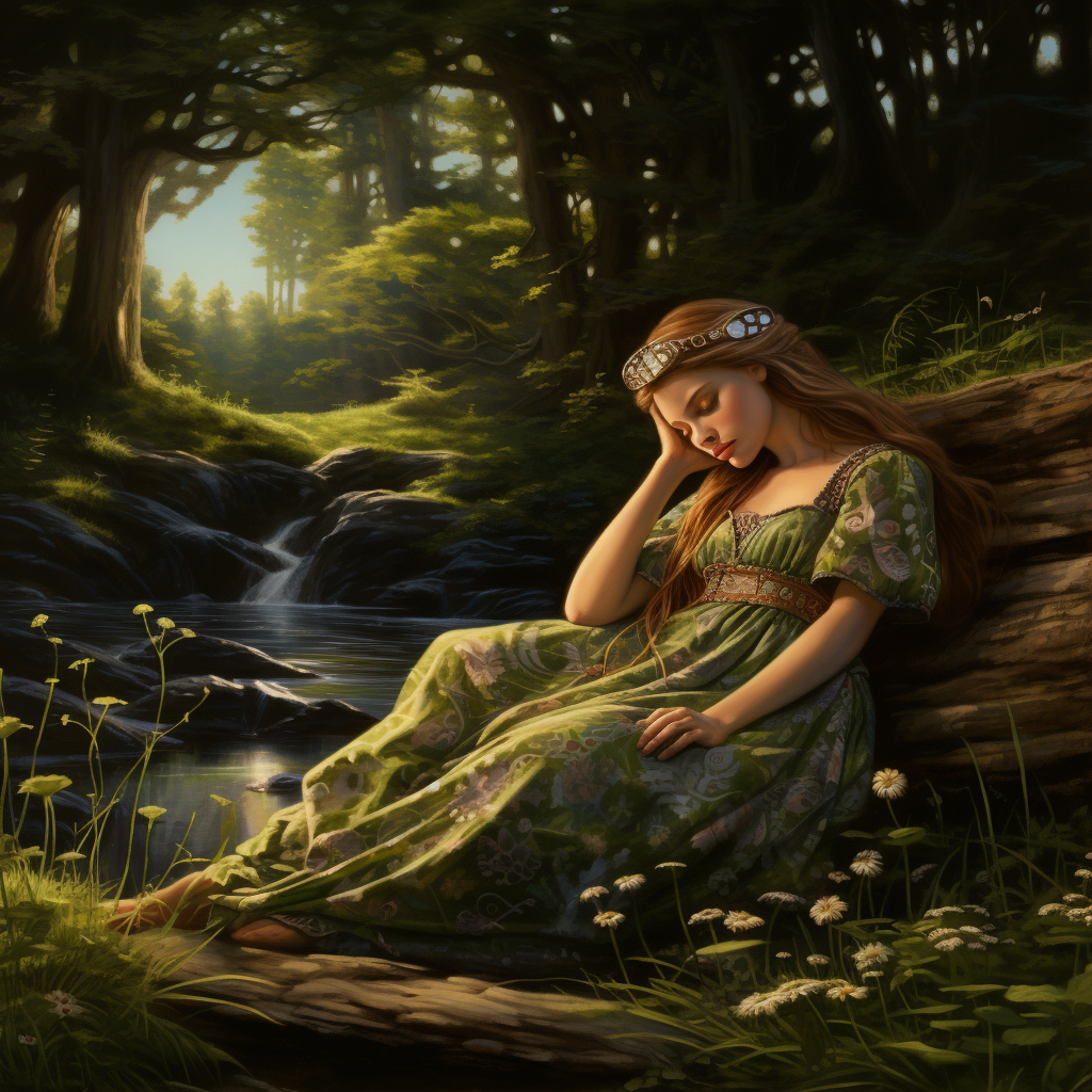 Peaceful scene of sleeping maiden in the glade