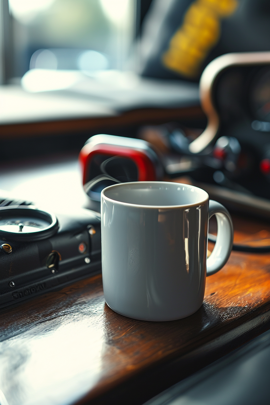 Blank white coffee mug in racecar