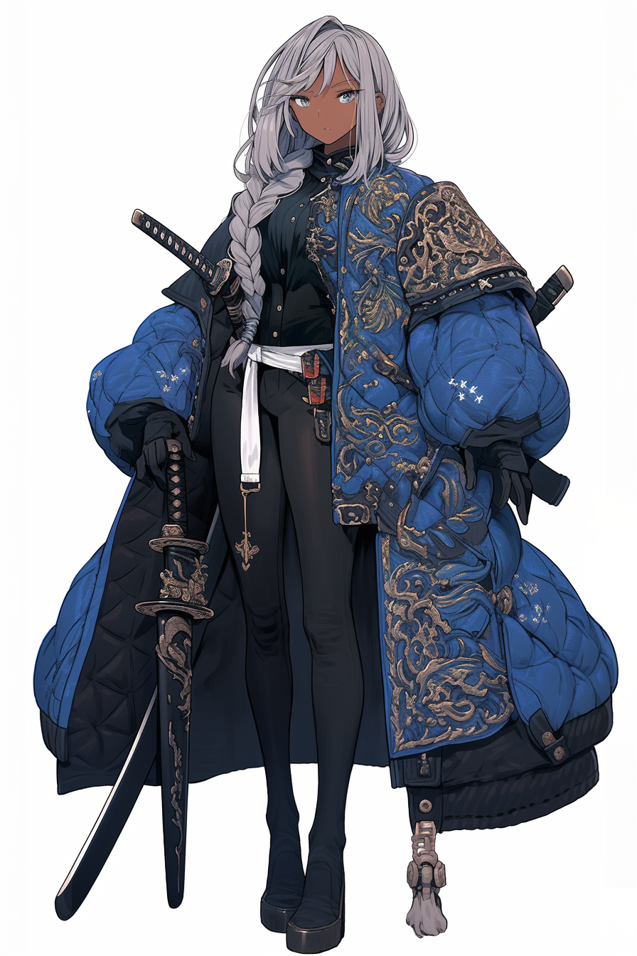 Woman in blue fantasy coat with yellow embroidery