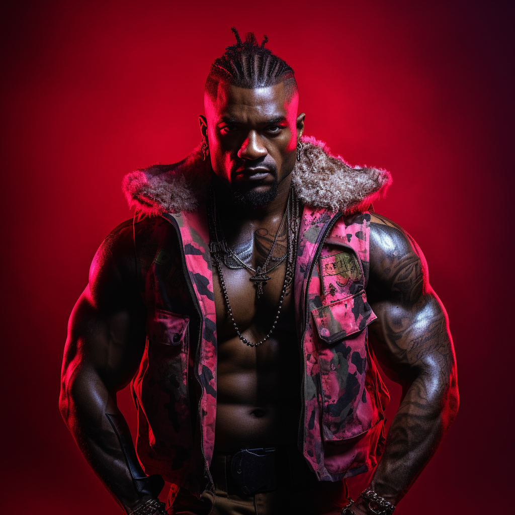 Muscular black man with tattoos in dynamic pose