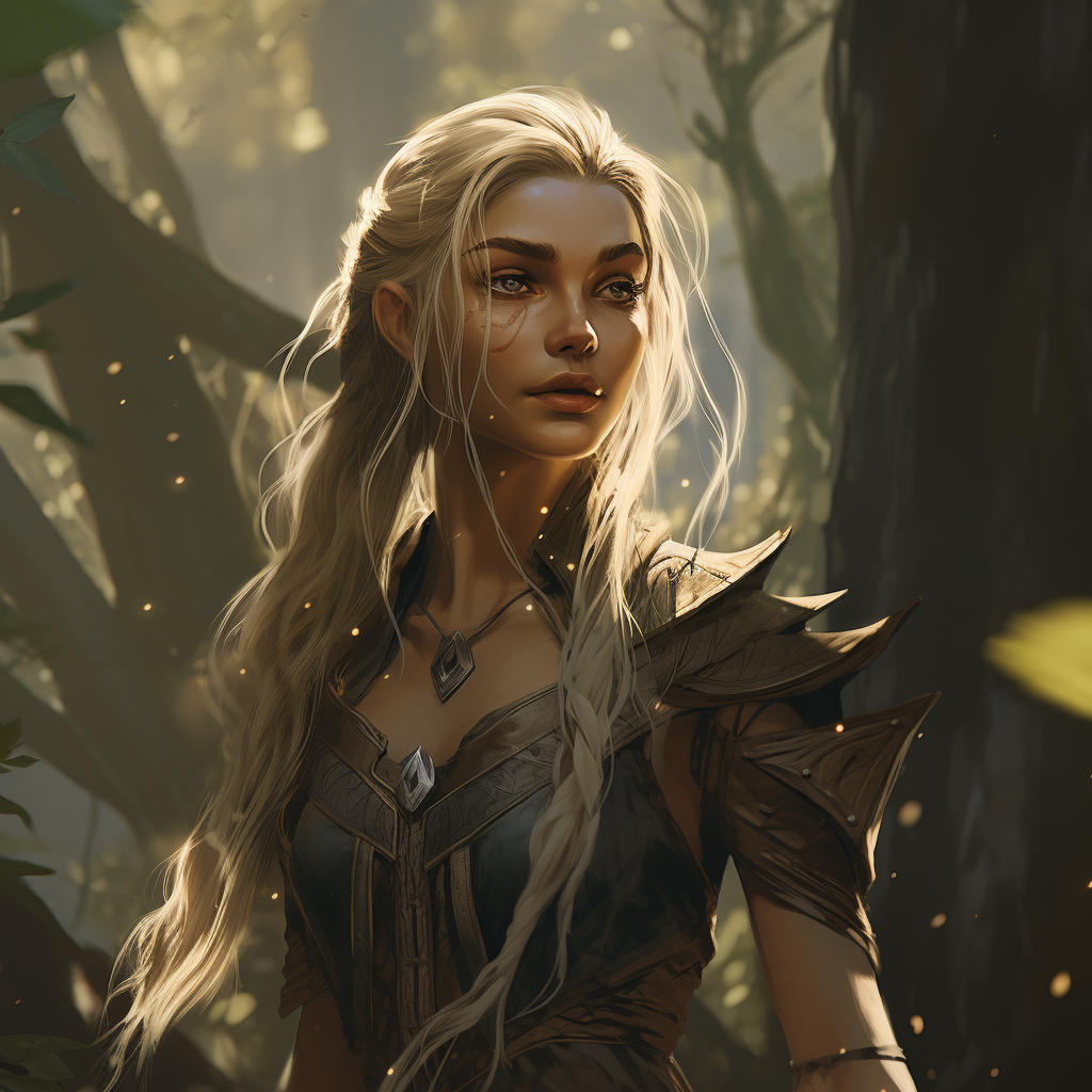 4. Beautiful eladrin female with long pointed ears (6 words)