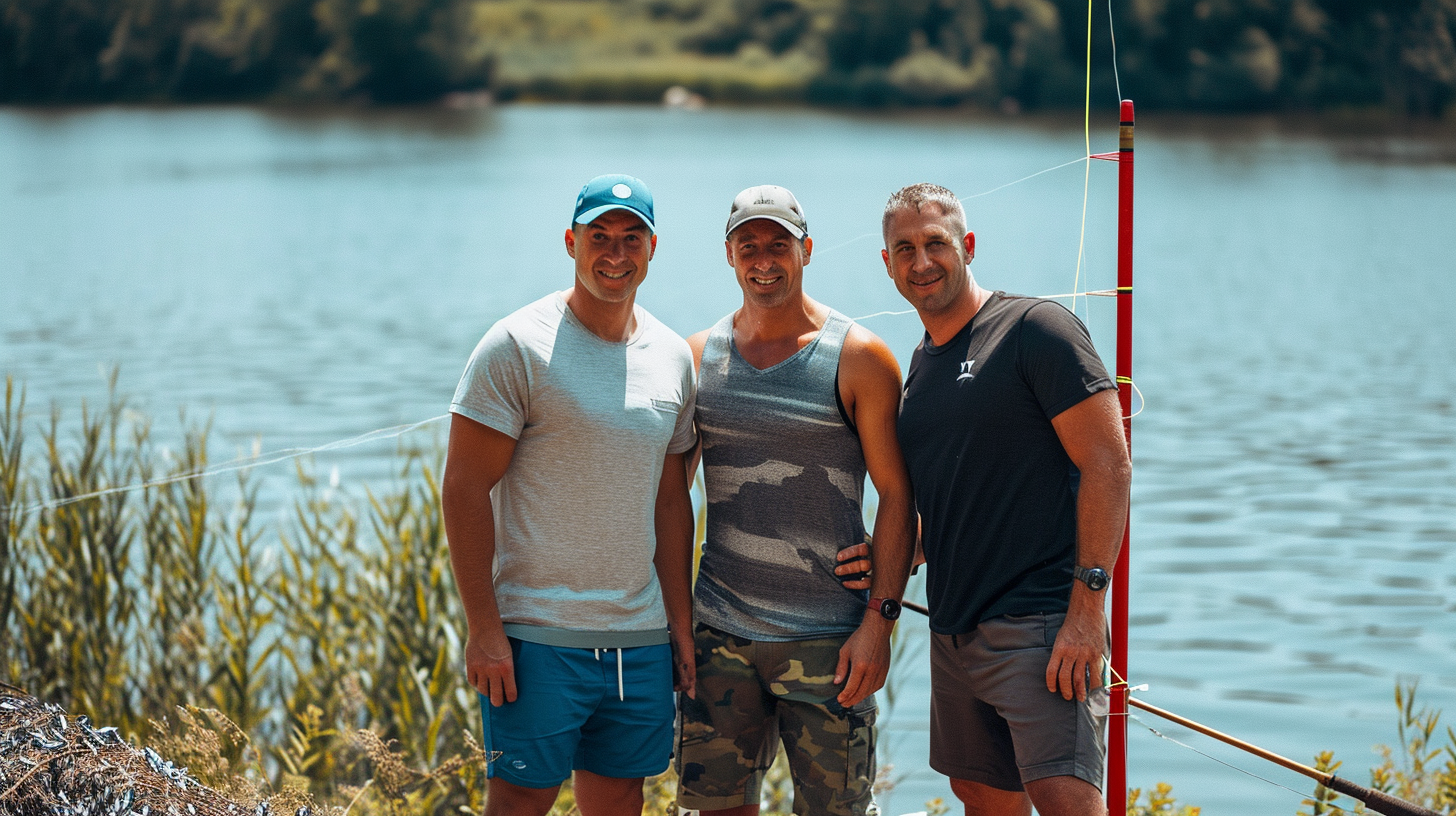 4.  Three friends posing with bluegill fishes in front of a lake