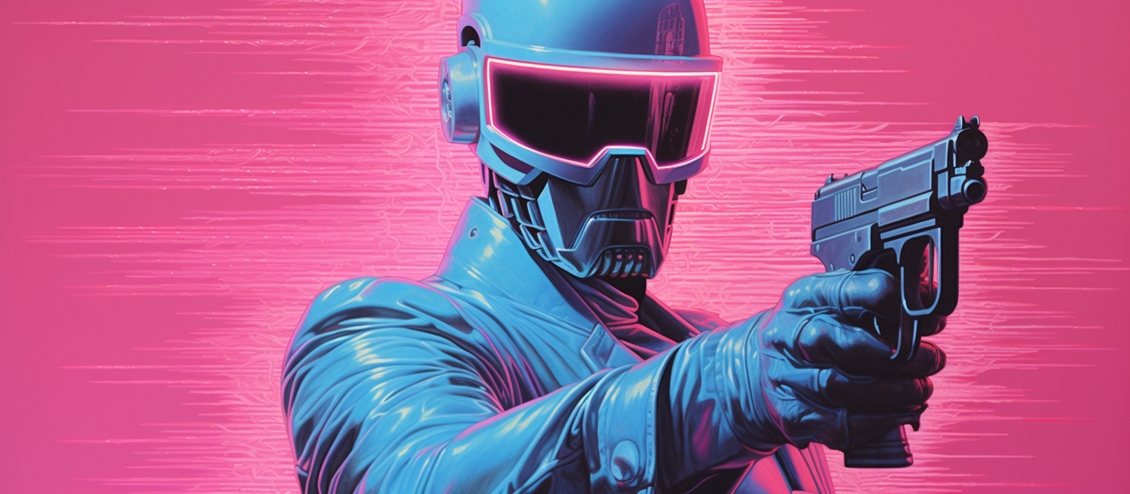 4. Colorful cyborg agent holding laser pistol at sunset