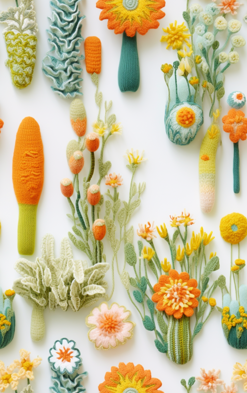 Handcrafted knitted design with cute sheet ghosts, flowers, and plants