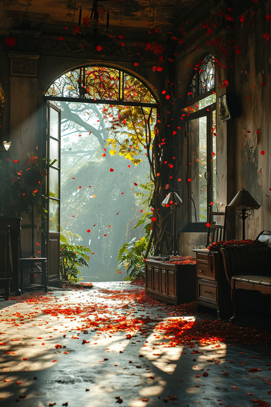 4. Image of peaceful house with rose petals falling