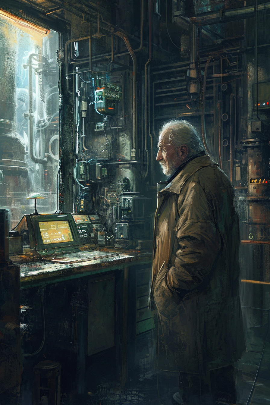 Old man in mechanic's suit in futuristic interior