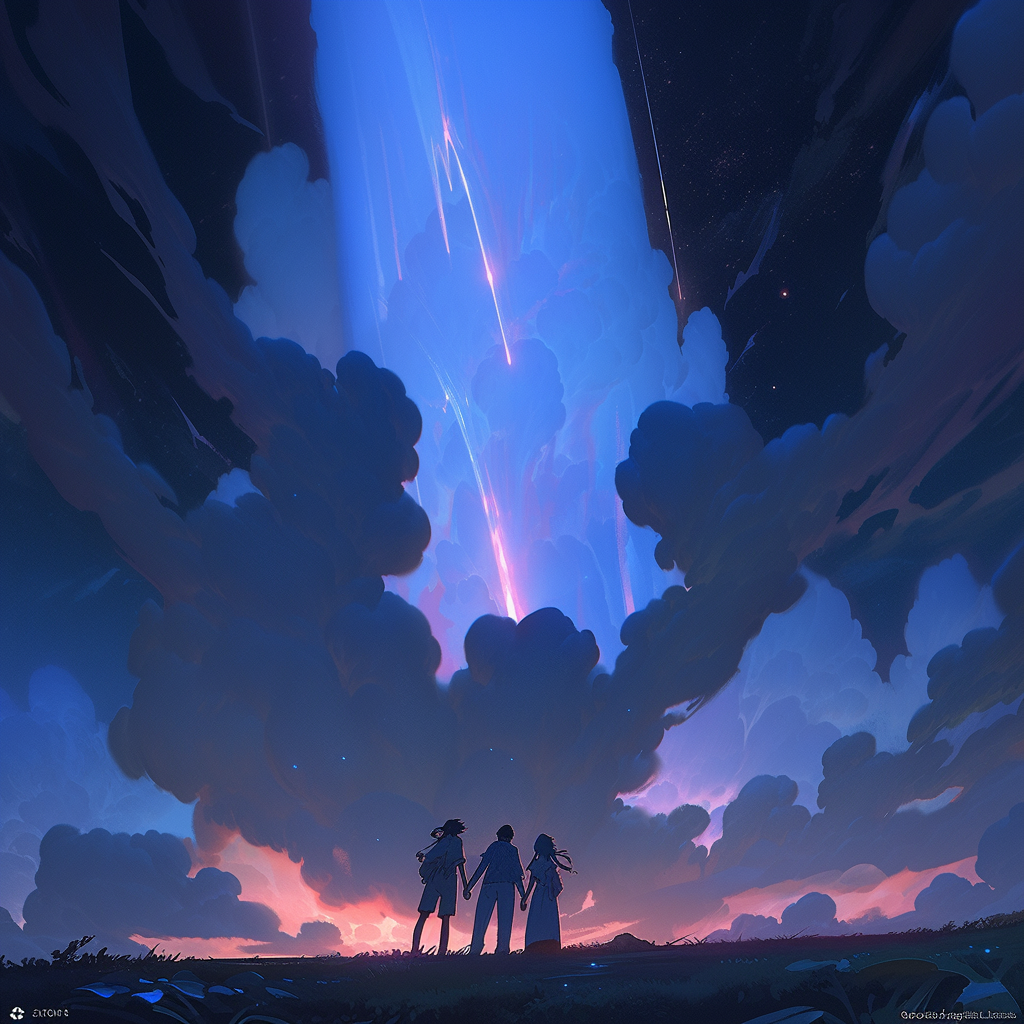 4. Anime couple holding hands under falling comets