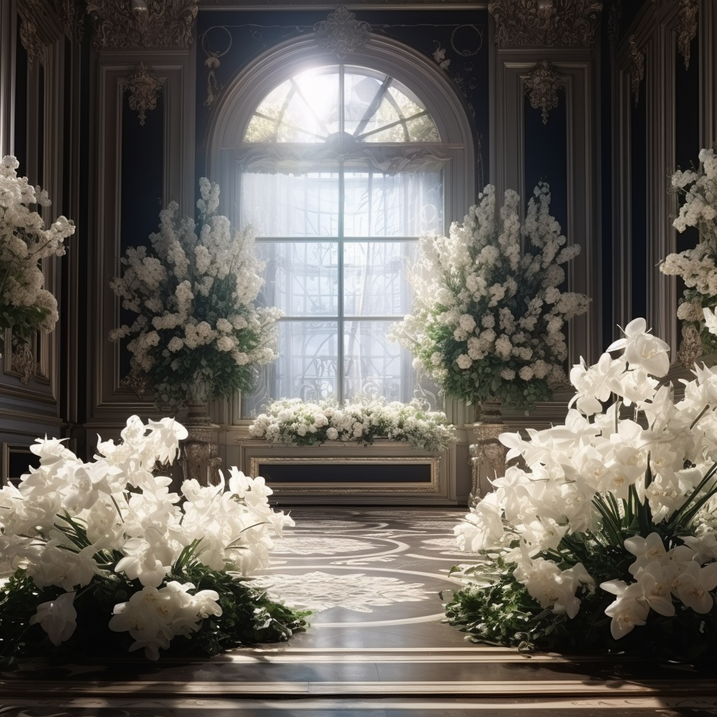 4. Beautiful white flowers in a majestic room.