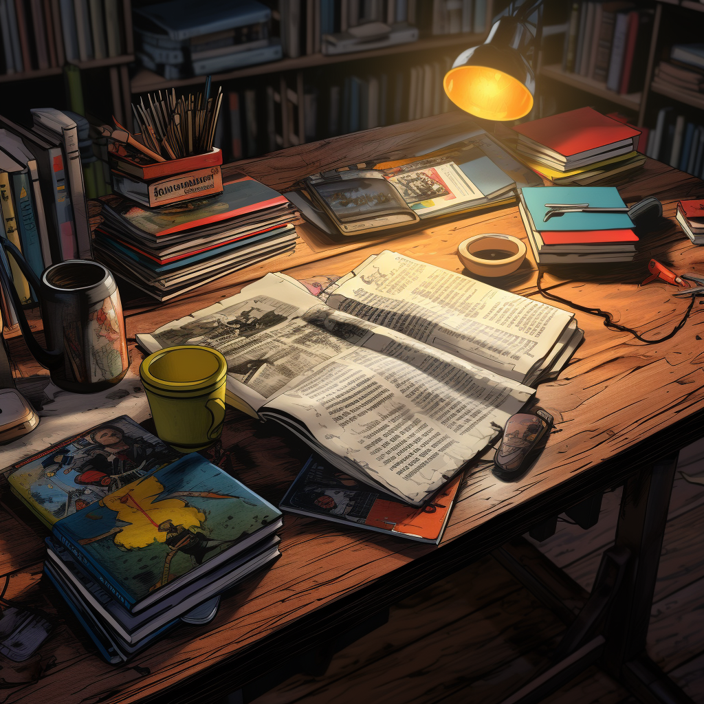 4. An image of a desk with books and a comic style design.