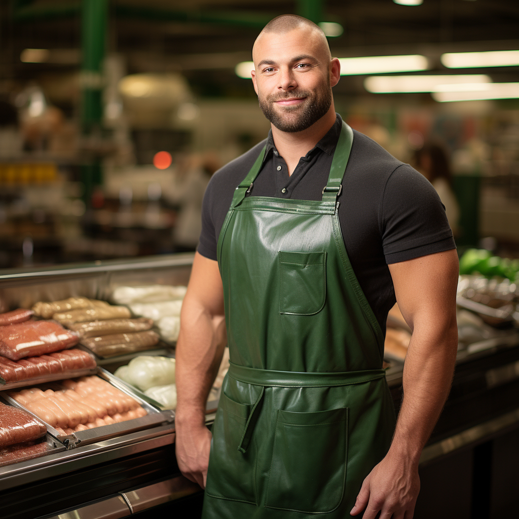 Muscular man in green apron at grocery store