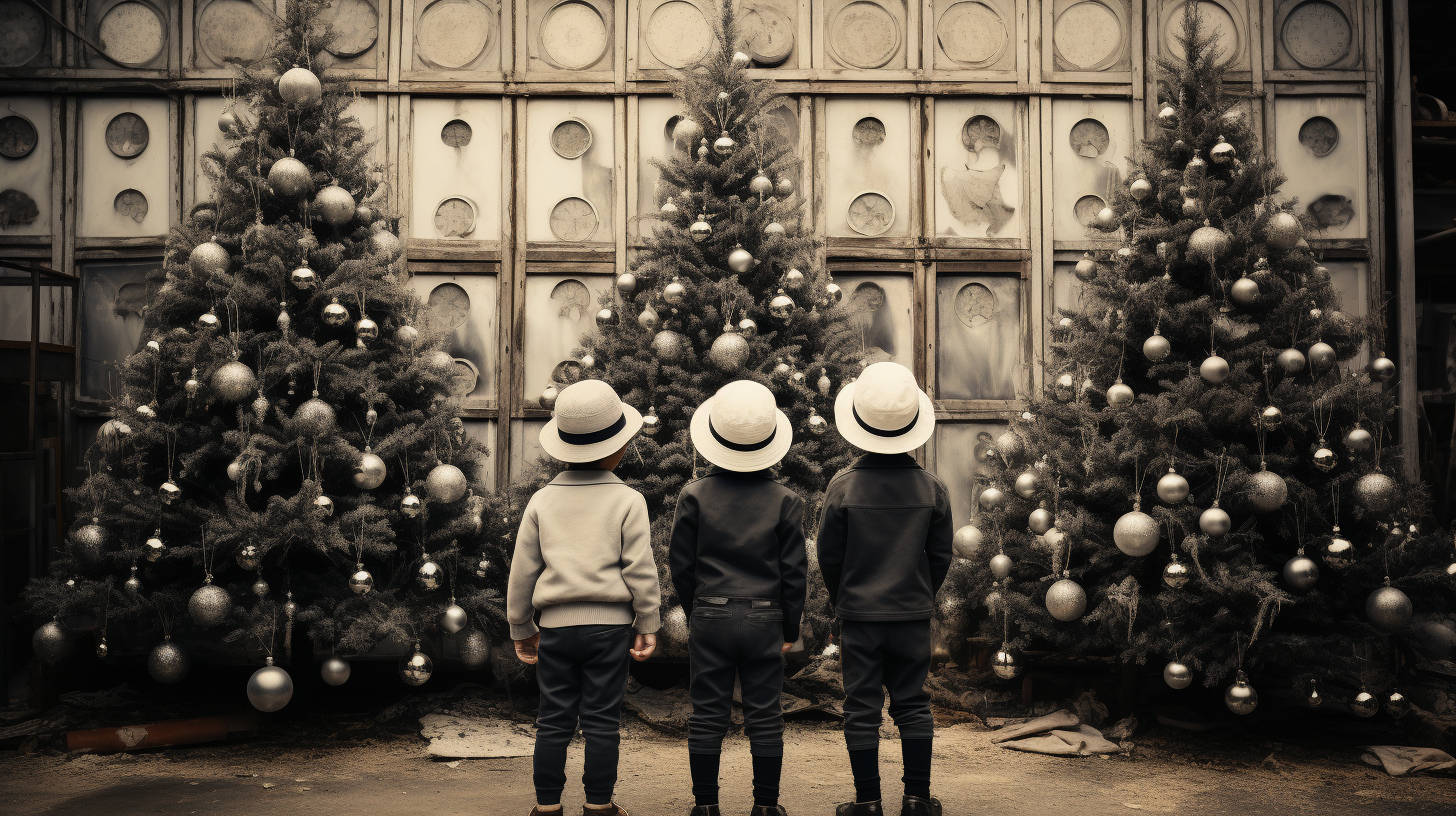 4. Children decorating large outdoor Christmas tree