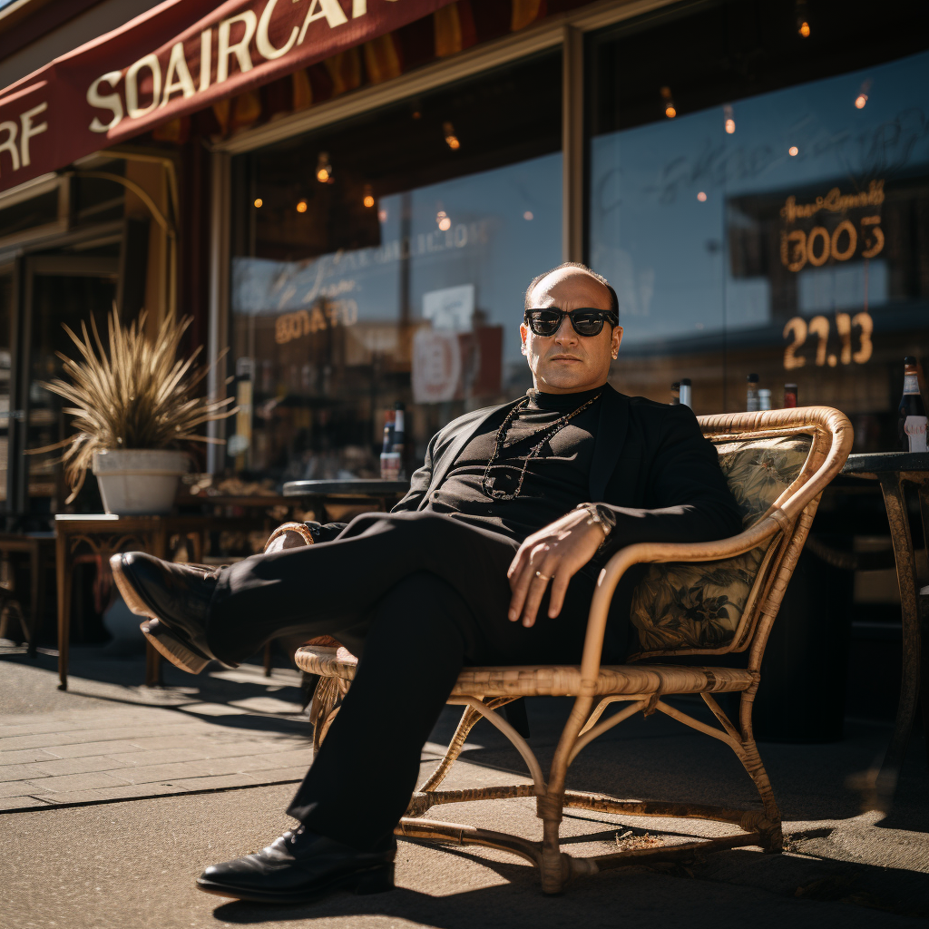 Tony Soprano sitting at Satriale store with sunglasses and cappuccino