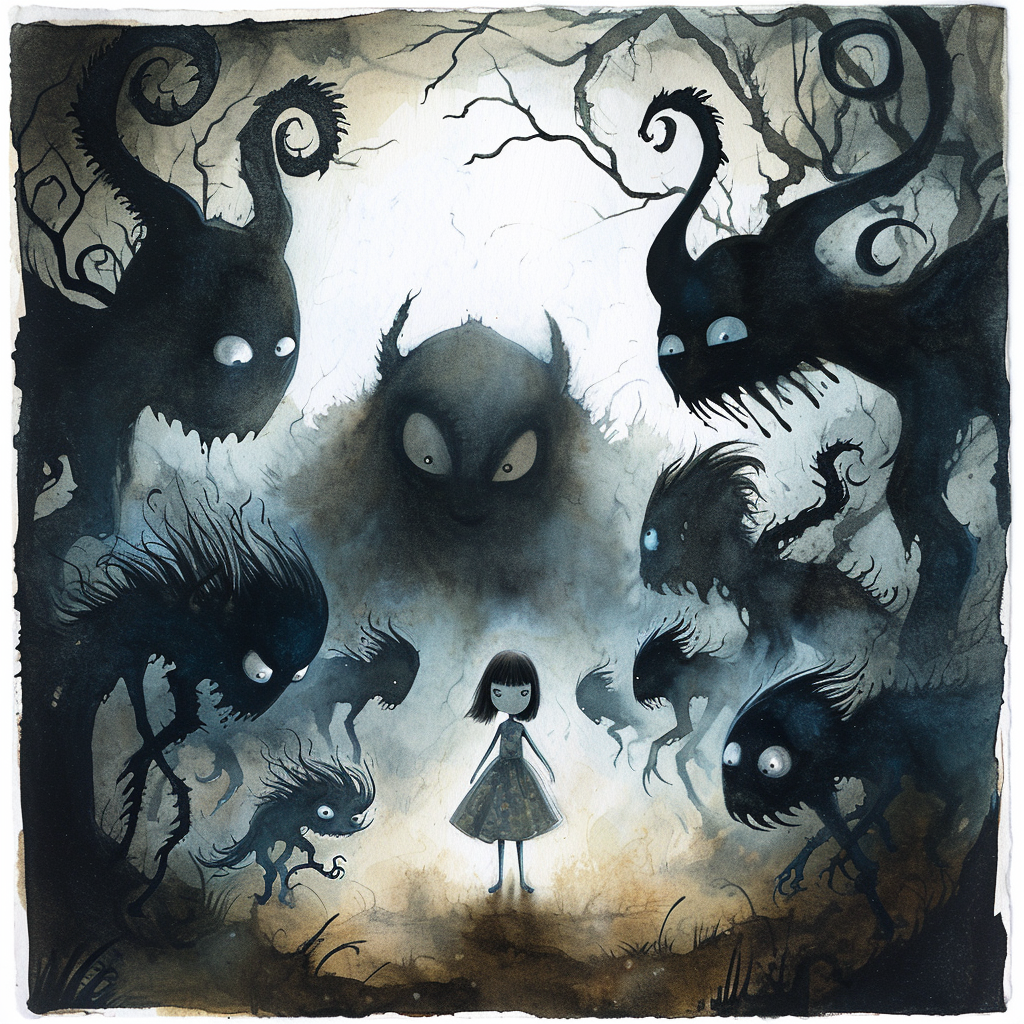 Scared girl surrounded by shadow monsters