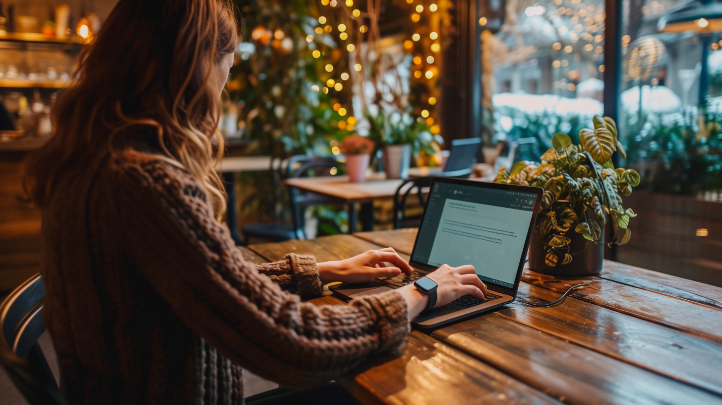 4. Woman typing in coffee shop