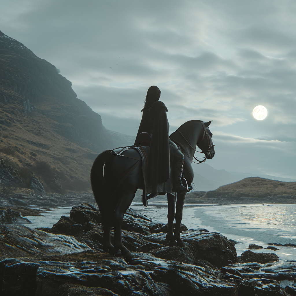 Celtic goddess Rhiannon on horseback in the Scottish mountains