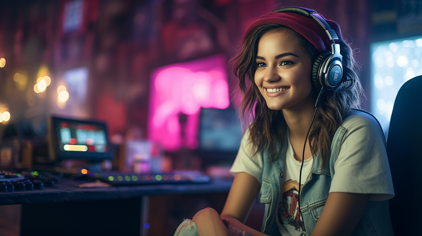 4. Smiling woman with long hair playing Xbox