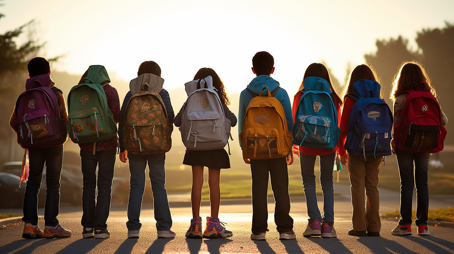 4. Backview of middle school students with backpacks playing in the playground