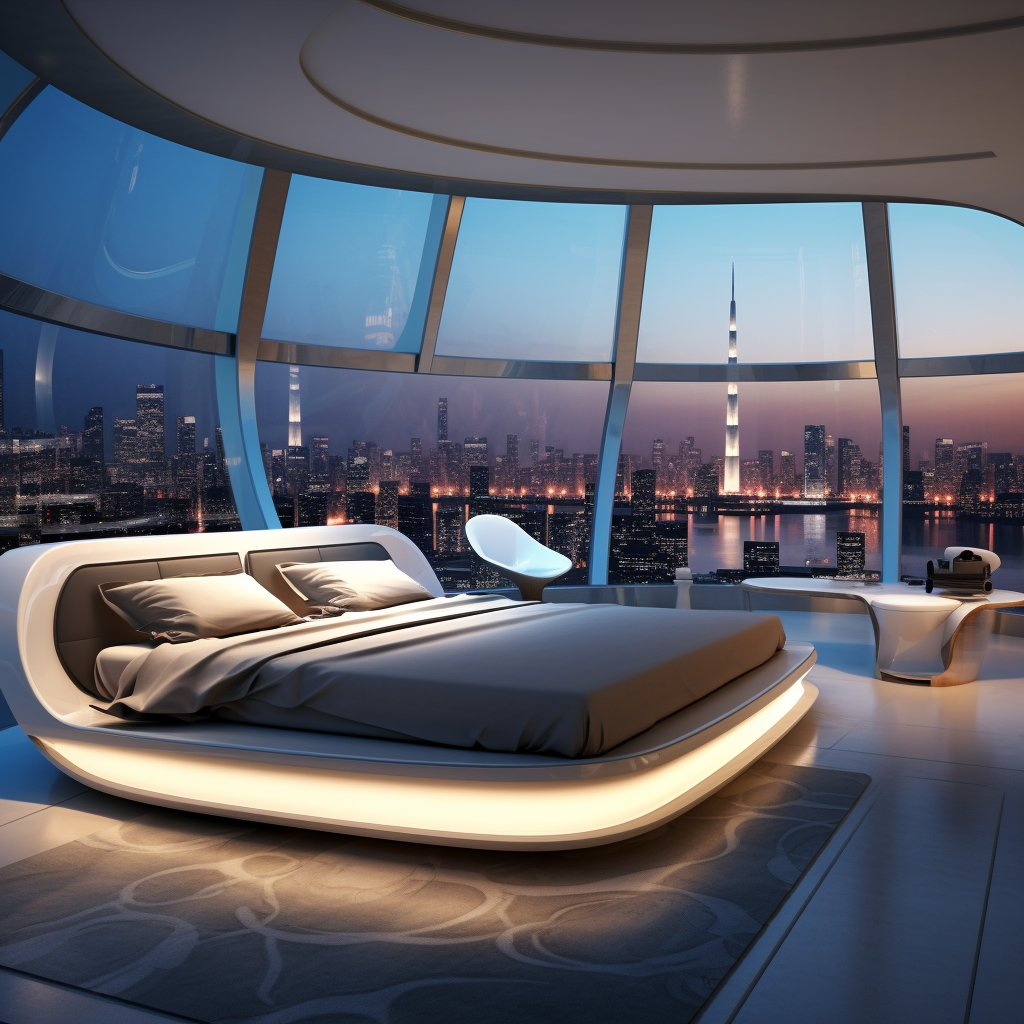 4. Cozy bed in modern room with rainy night view