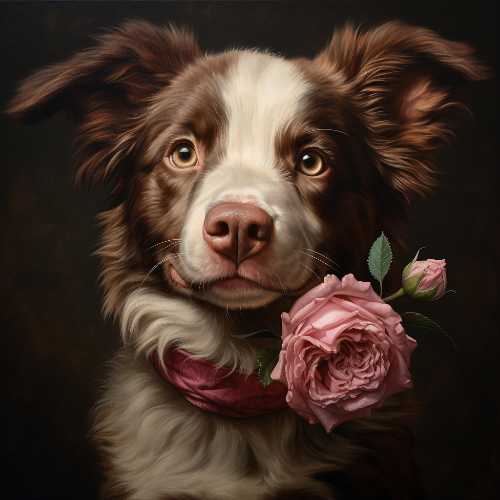 Realistic dog with rose in mouth