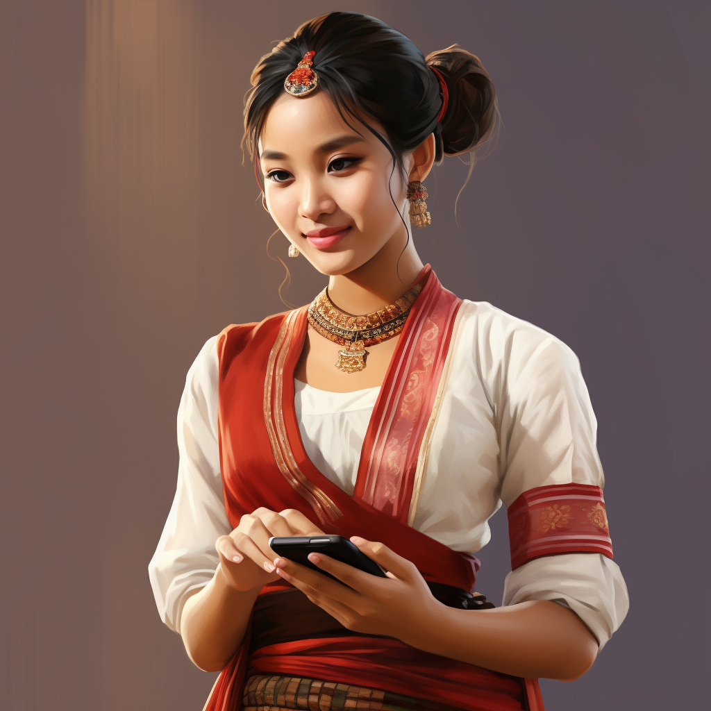 Burmese Karen lady using a cellphone