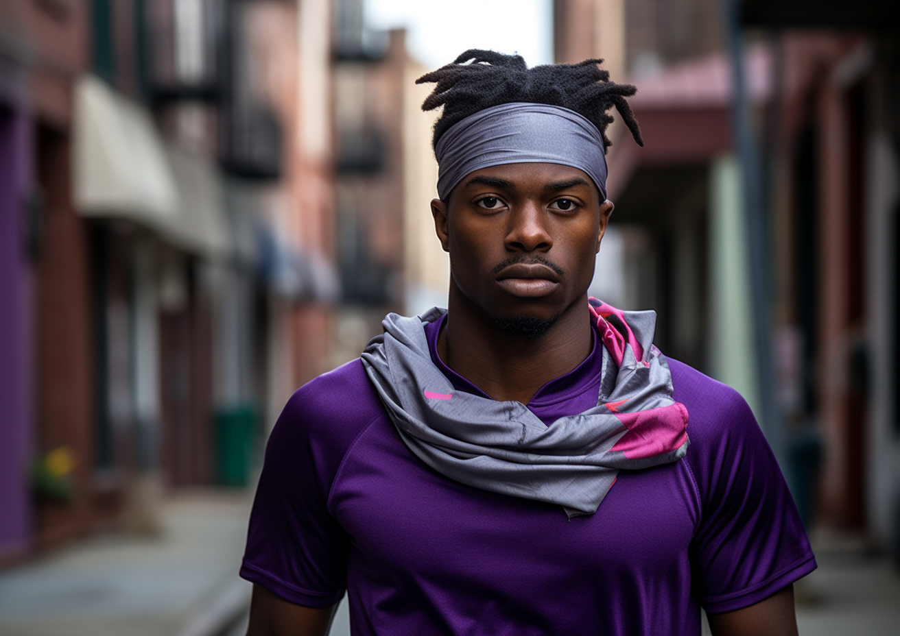 4. Athlete running on urban street wearing purple sash