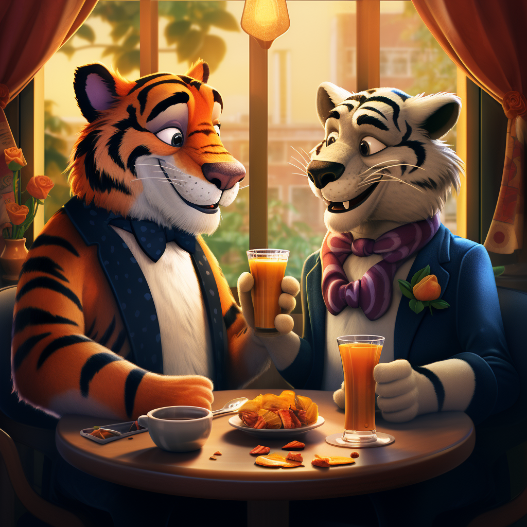 4.  Colorful birds and friendly tiger enjoying a fun date