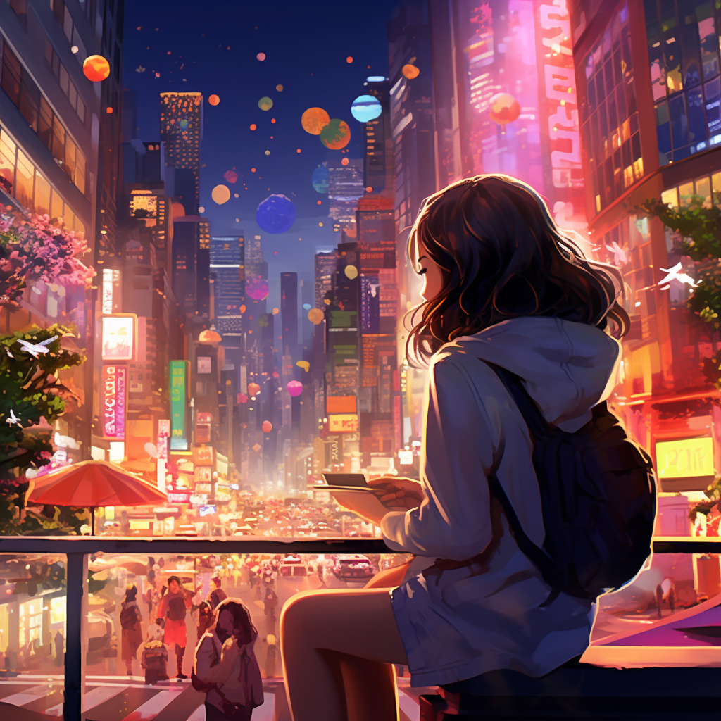 4. Young woman surrounded by vibrant city life