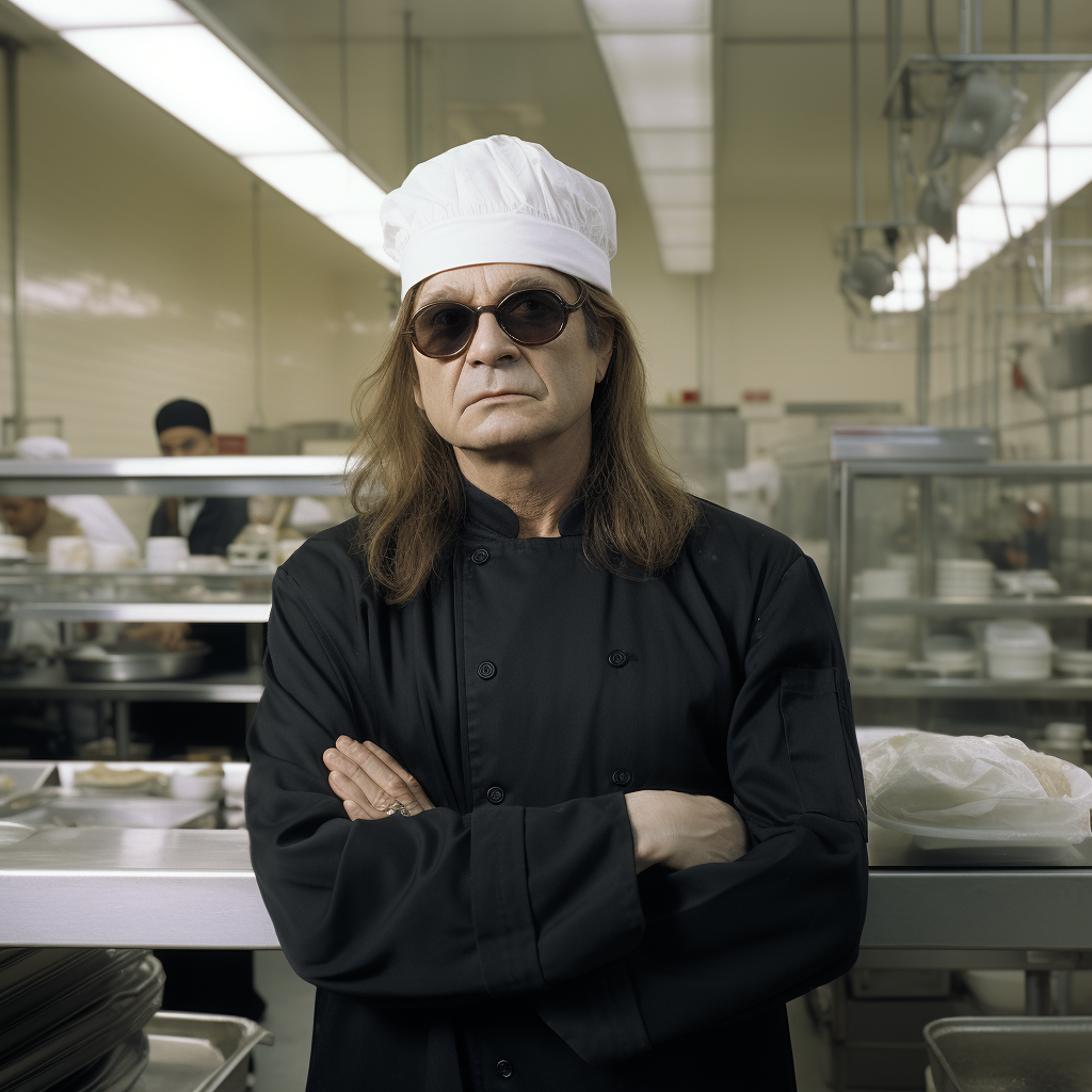 Ozzy Osbourne wearing hairnet in kitchen