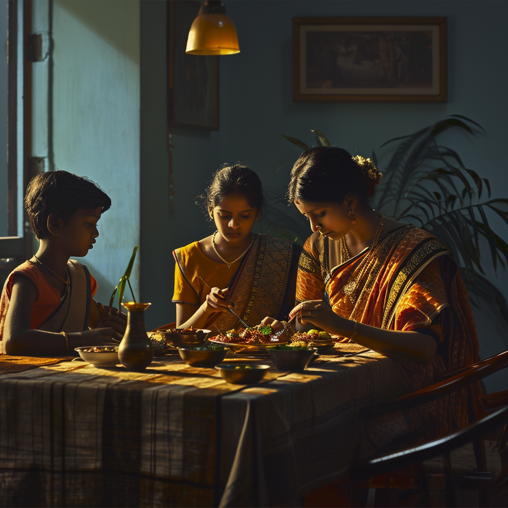 Indian family eating dinner together