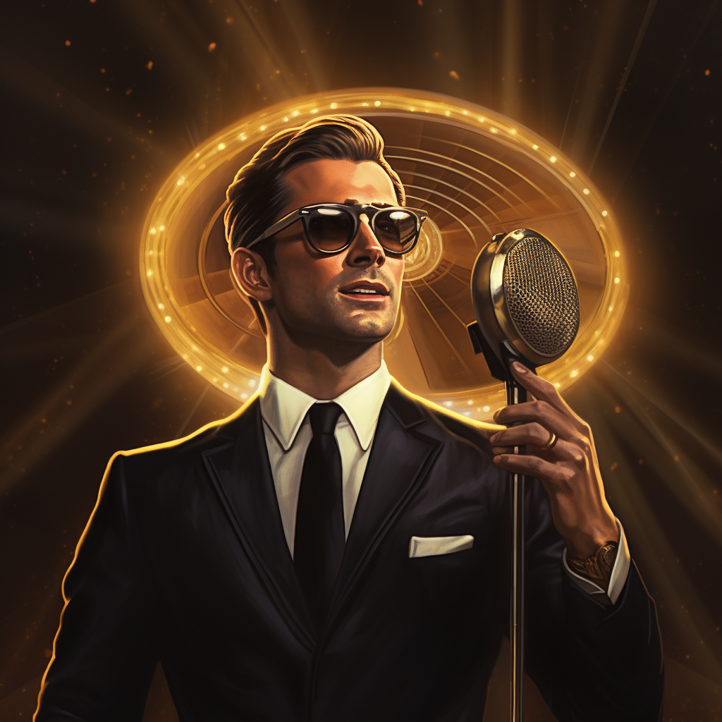 4. Stylish man holding golden microphone under UFO spotlight