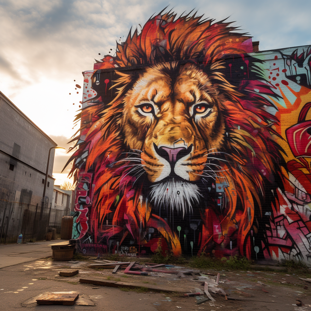 4. Colorful lion graffiti on city wall (ALT Text)