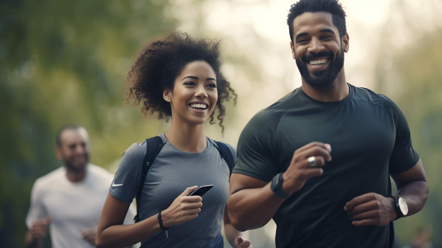 4. Active adults jogging in city park