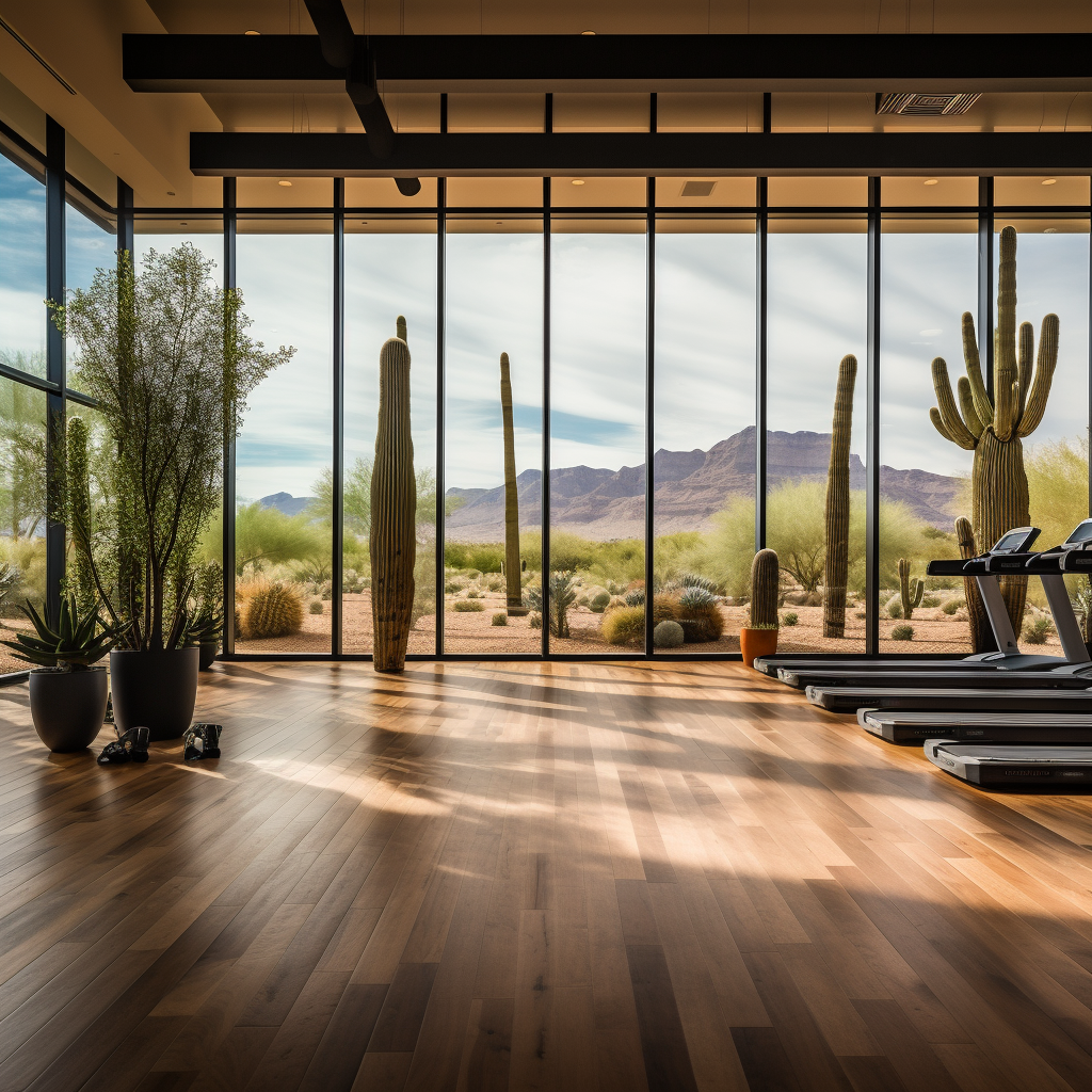 4. Modern gym with nature views and floor to ceiling windows