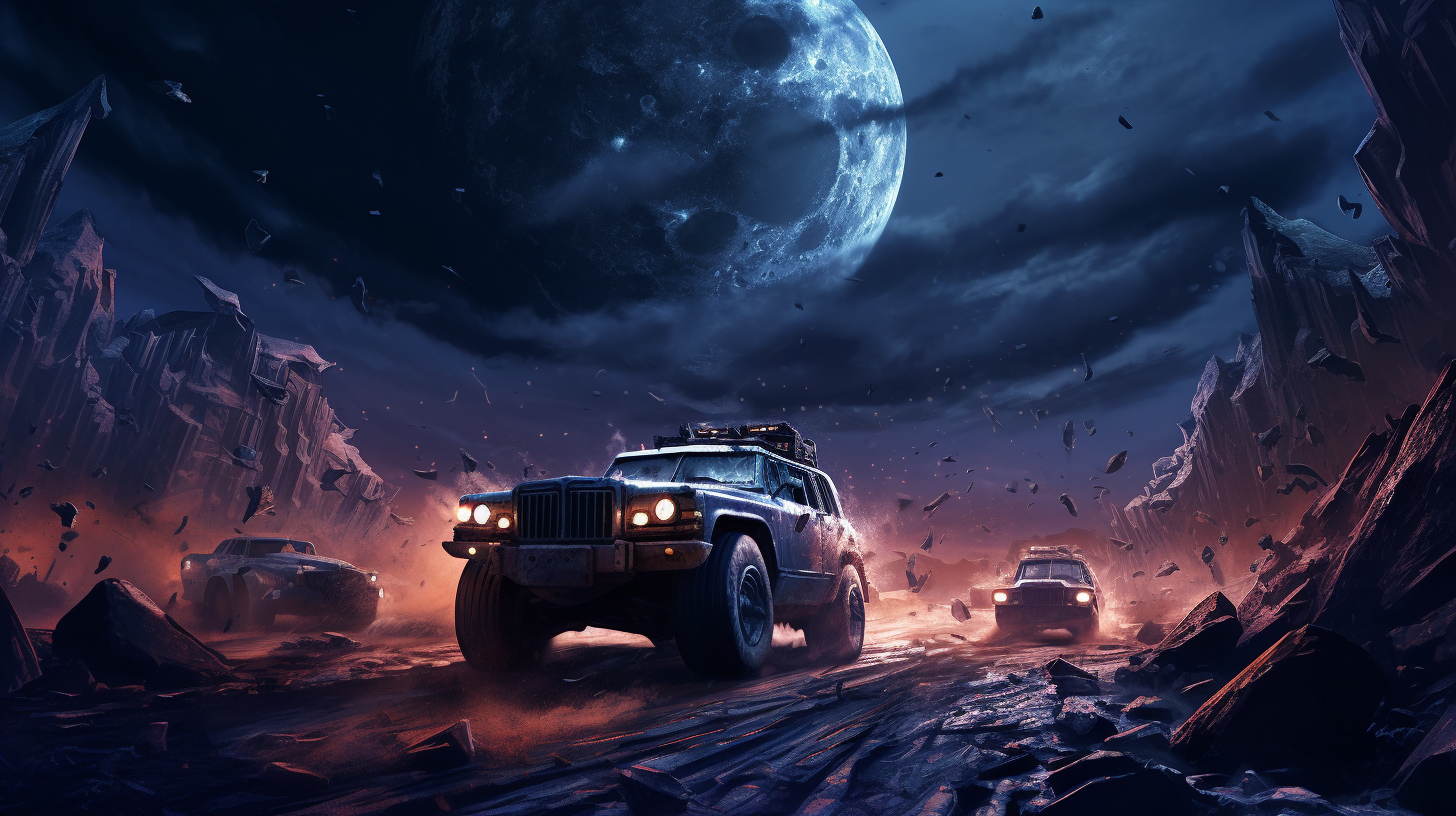 4. Cars racing on lunar surface with neon lights