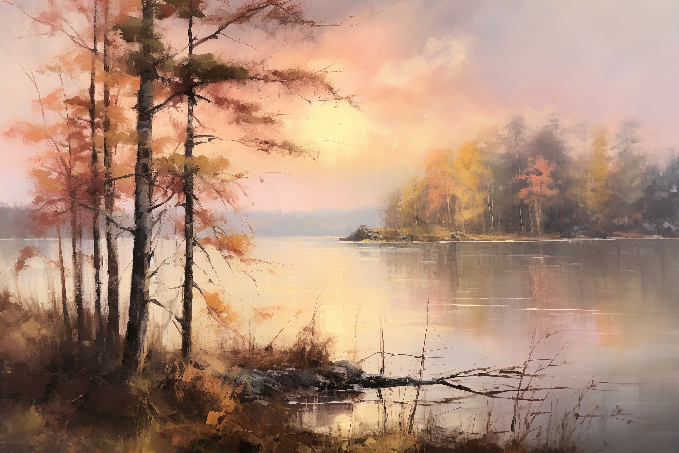 4. Serene landscape with misty morning atmosphere and lake view