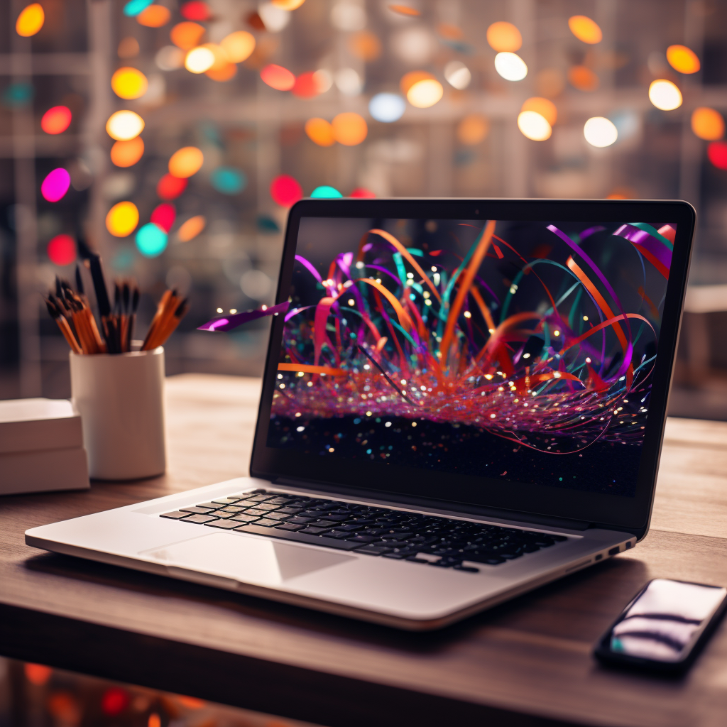 4. Festive laptop with digital confetti and streamers