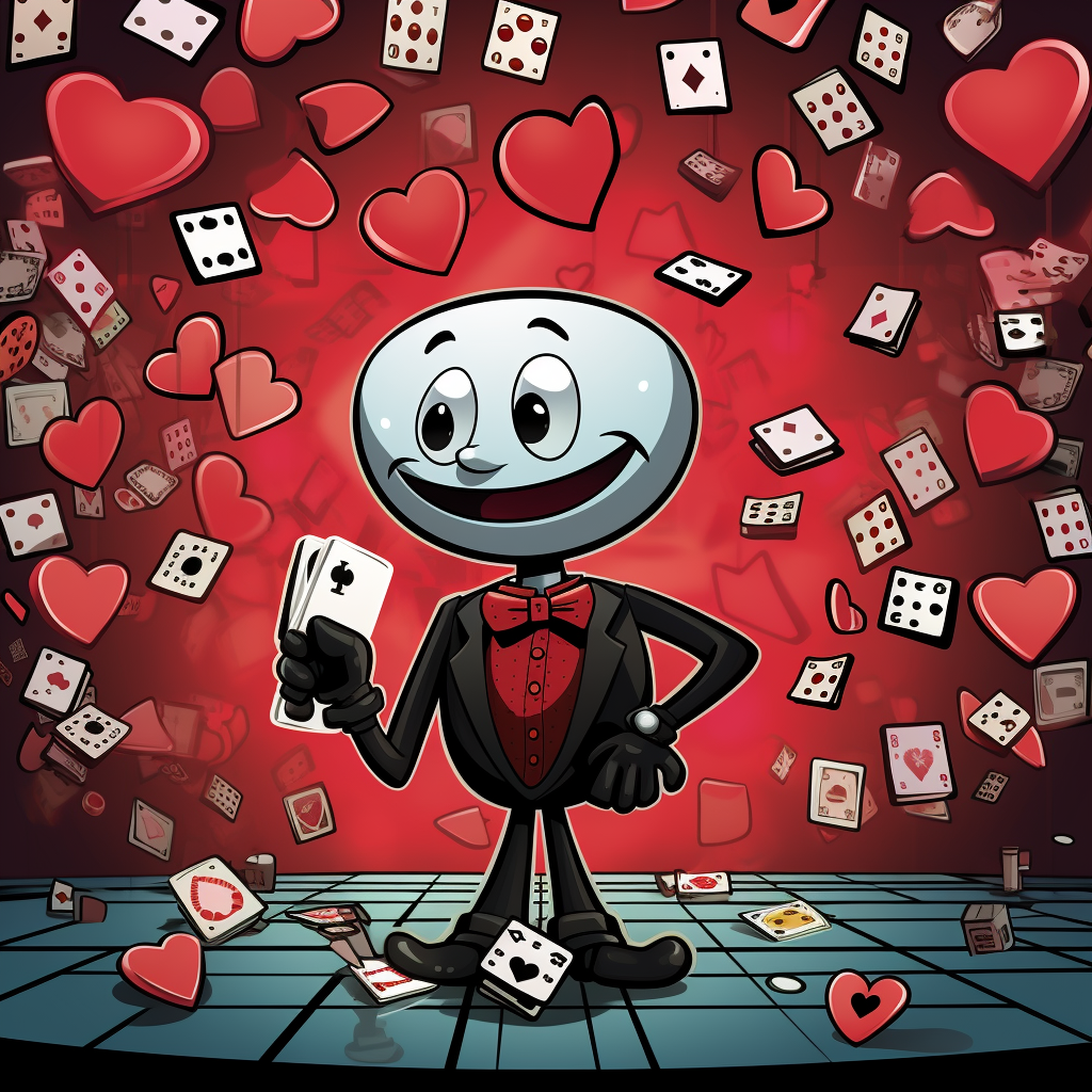 4. Cartoon image of a black Monopoly Go man against a Valentine's Day-themed background.